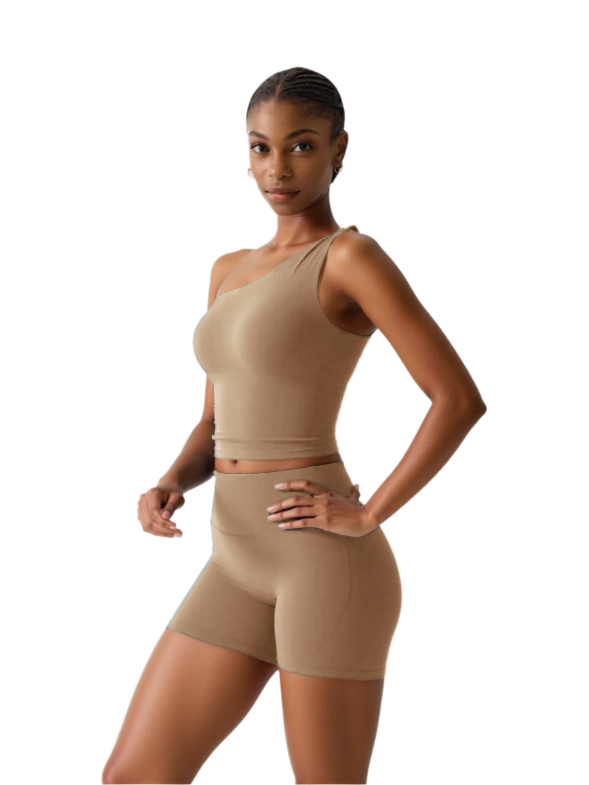 Xooie Fit women's fitness matching set with one-shoulder crop top and high-waisted shorts in beige