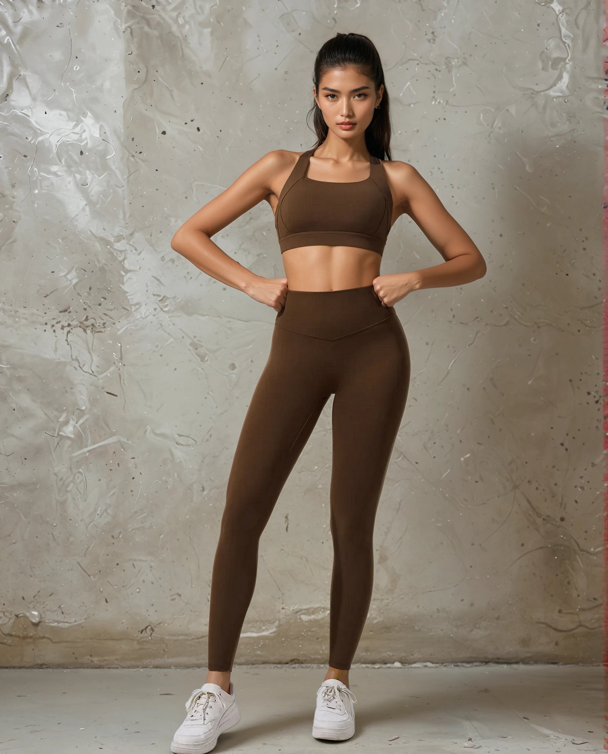 Xooie Fit women's fitness matching set in brown featuring a crop top and high-waisted leggings