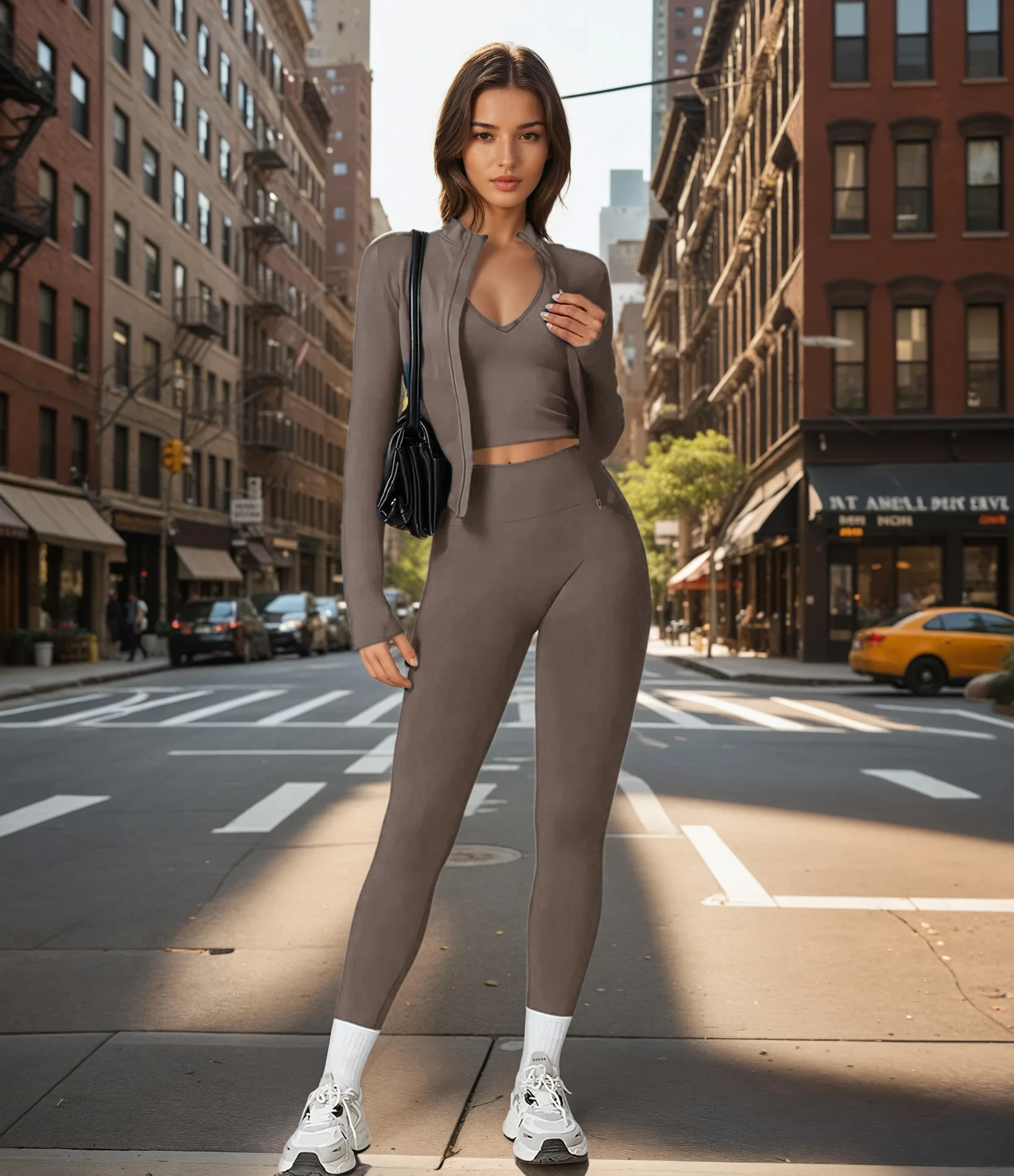 Xooie Fit women's fitness matching set in brown with long sleeves and leggings, perfect for workouts