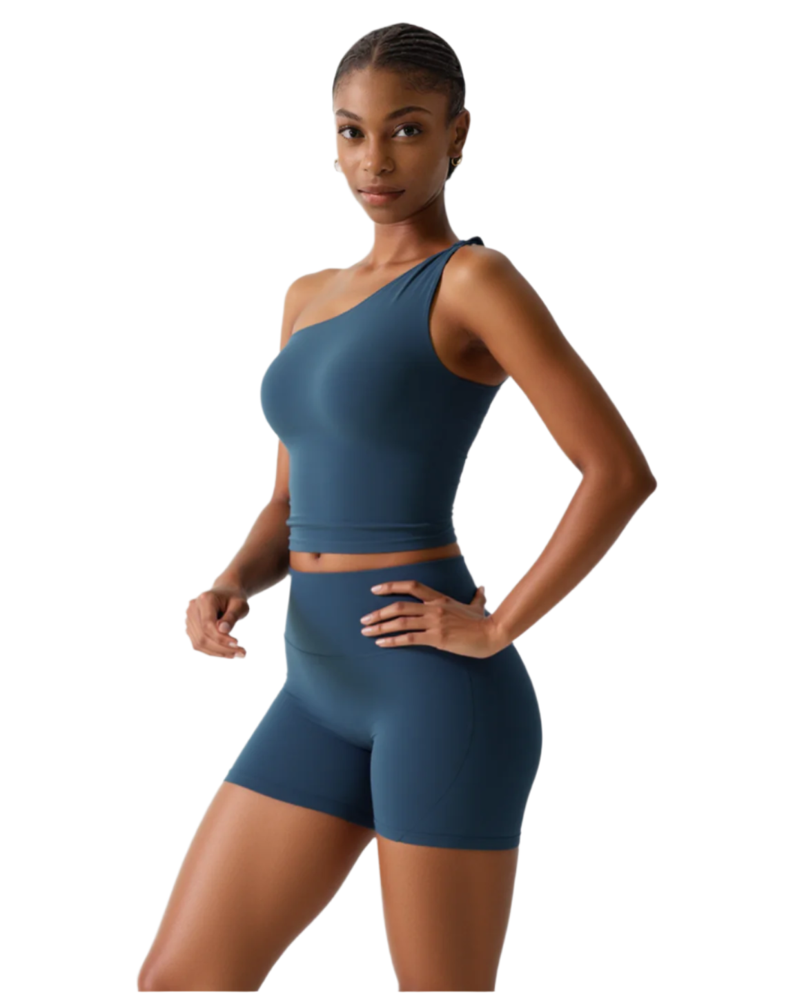 Xooie Fit women's fitness matching set with one-shoulder crop top and high-waisted shorts in blue3