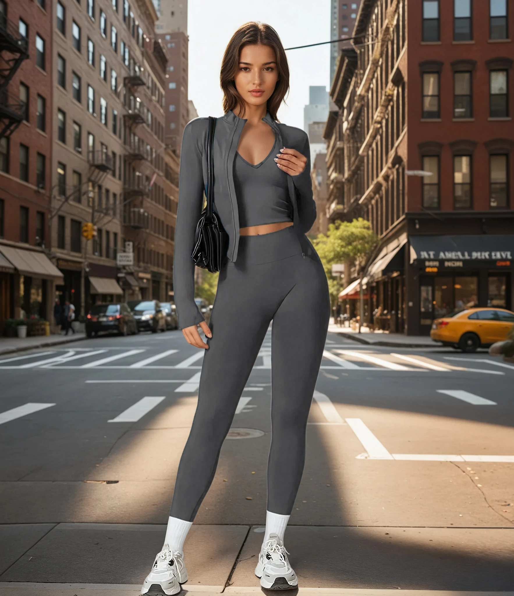 Xooie Fit women's fitness matching set in grey featuring a crop top, leggings, and a fitted jacket