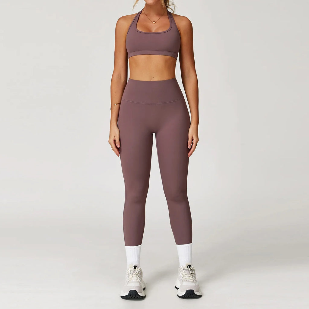 Xooie Fit women's fitness matching set in mauve with high-waisted leggings and sports bra