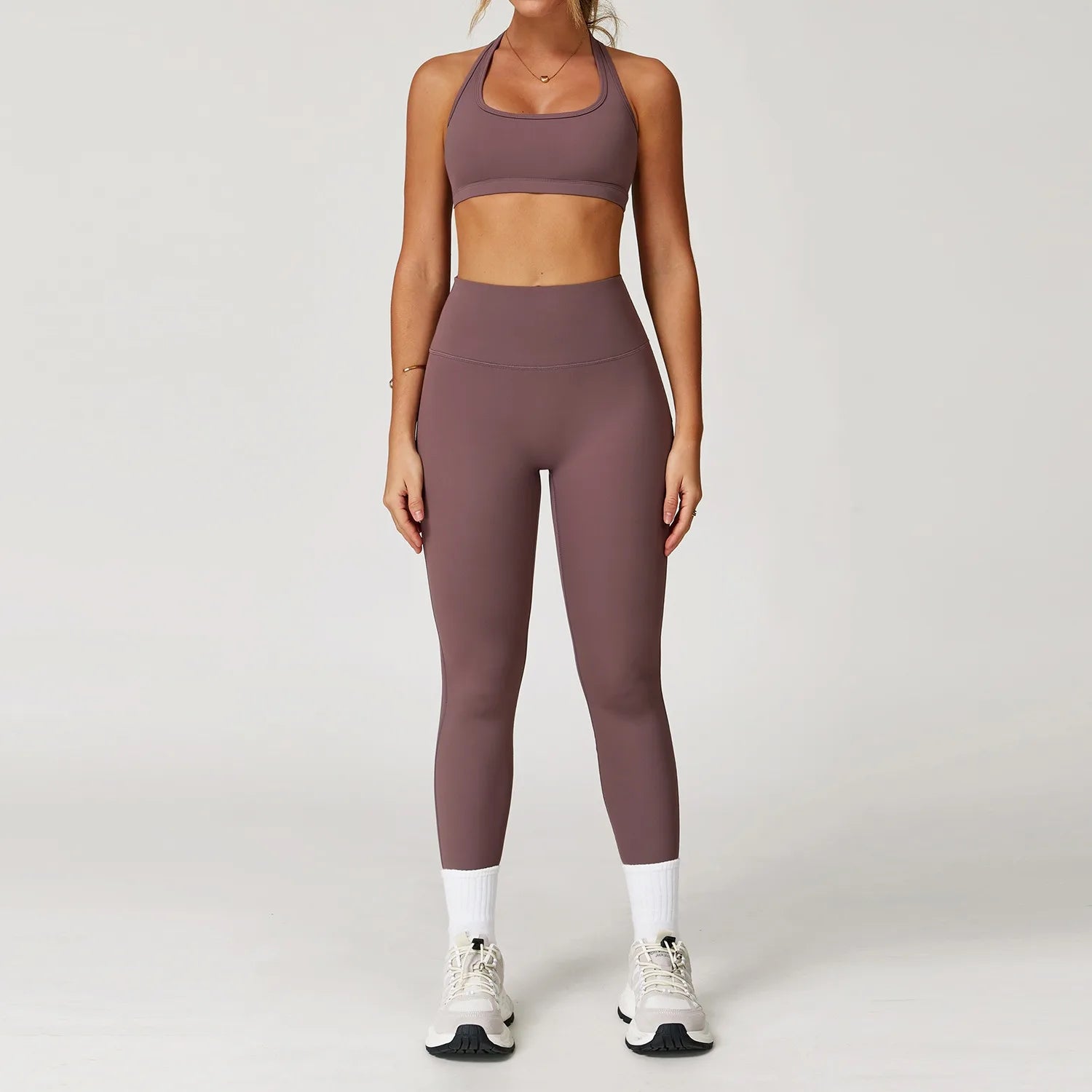 Xooie Fit women's fitness matching set in mauve with high-waisted leggings and sports bra