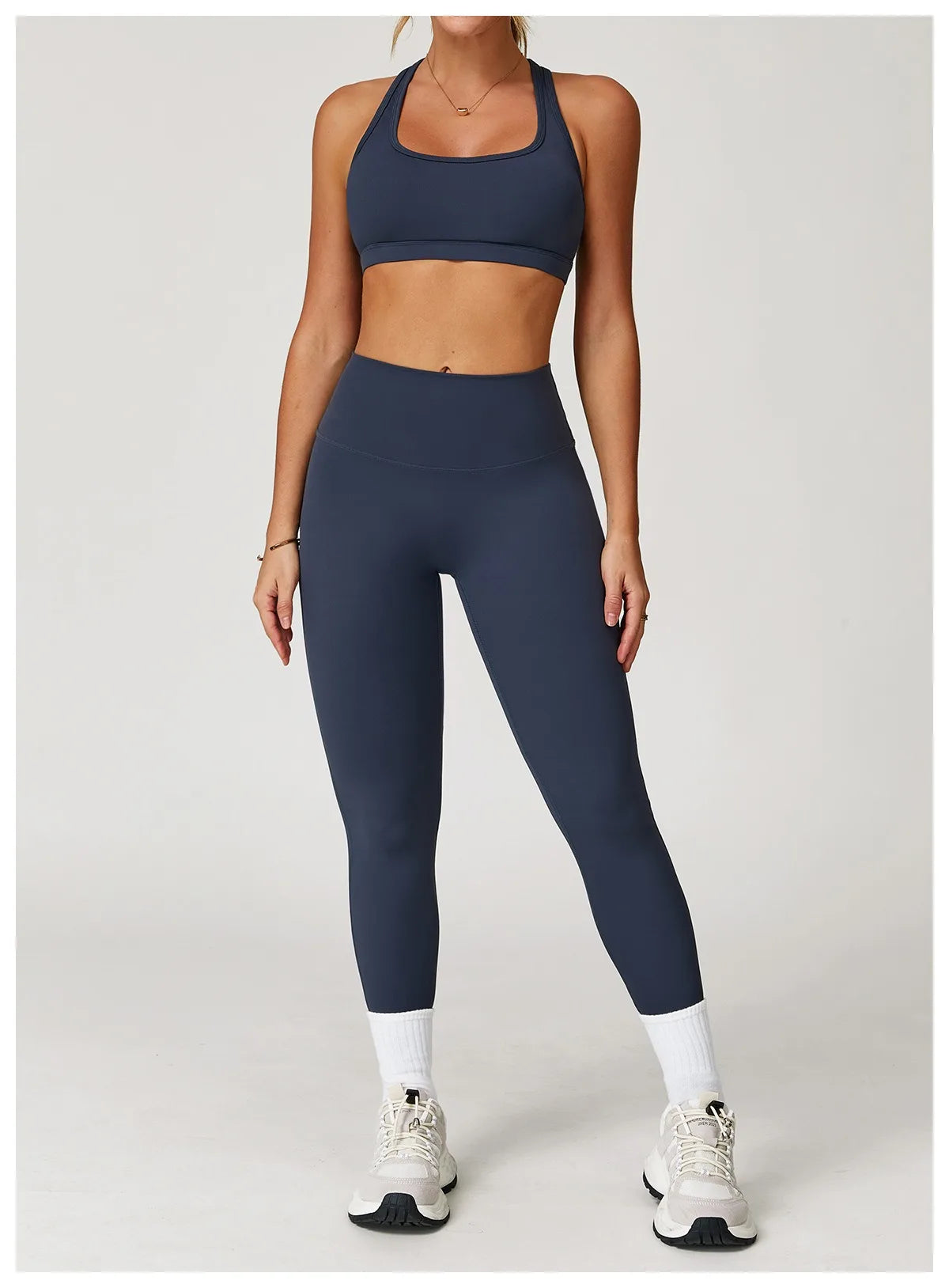 Xooie Fit women's fitness matching set navy blue two-piece set with sports bra and high-waisted leggings
