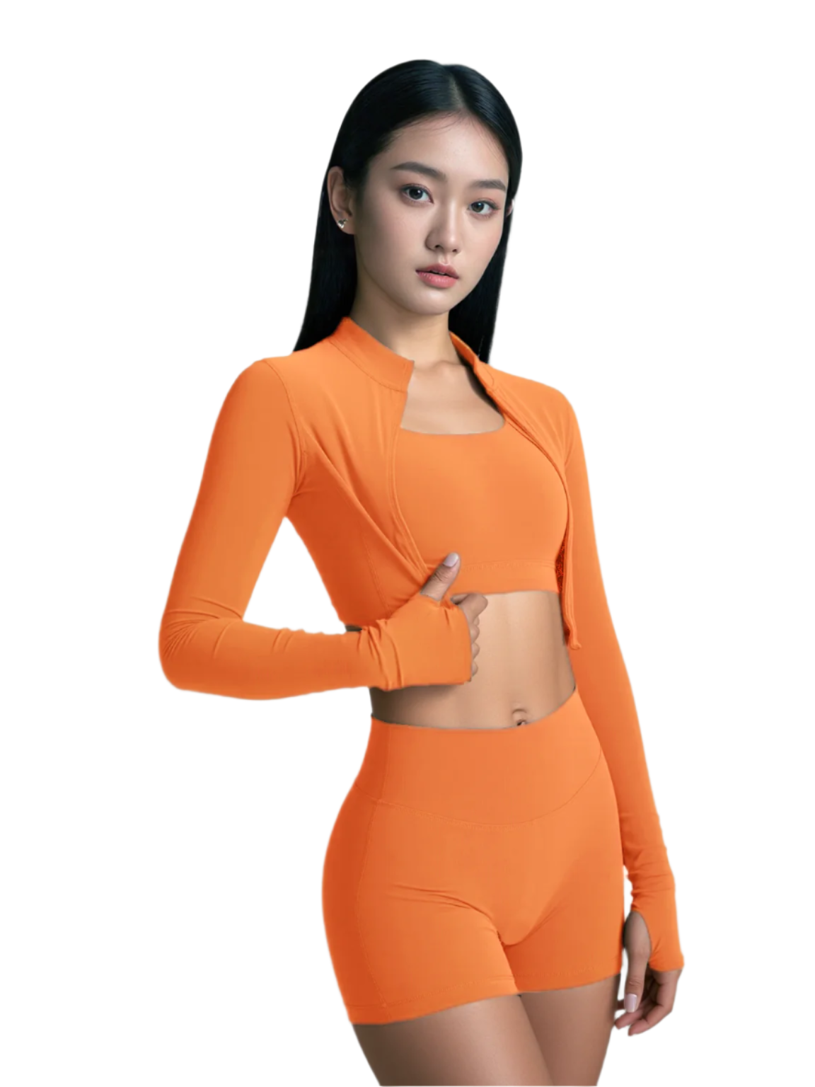 Xooie Fit women's fitness matching set in vibrant orange with long sleeves and shorts for activewear