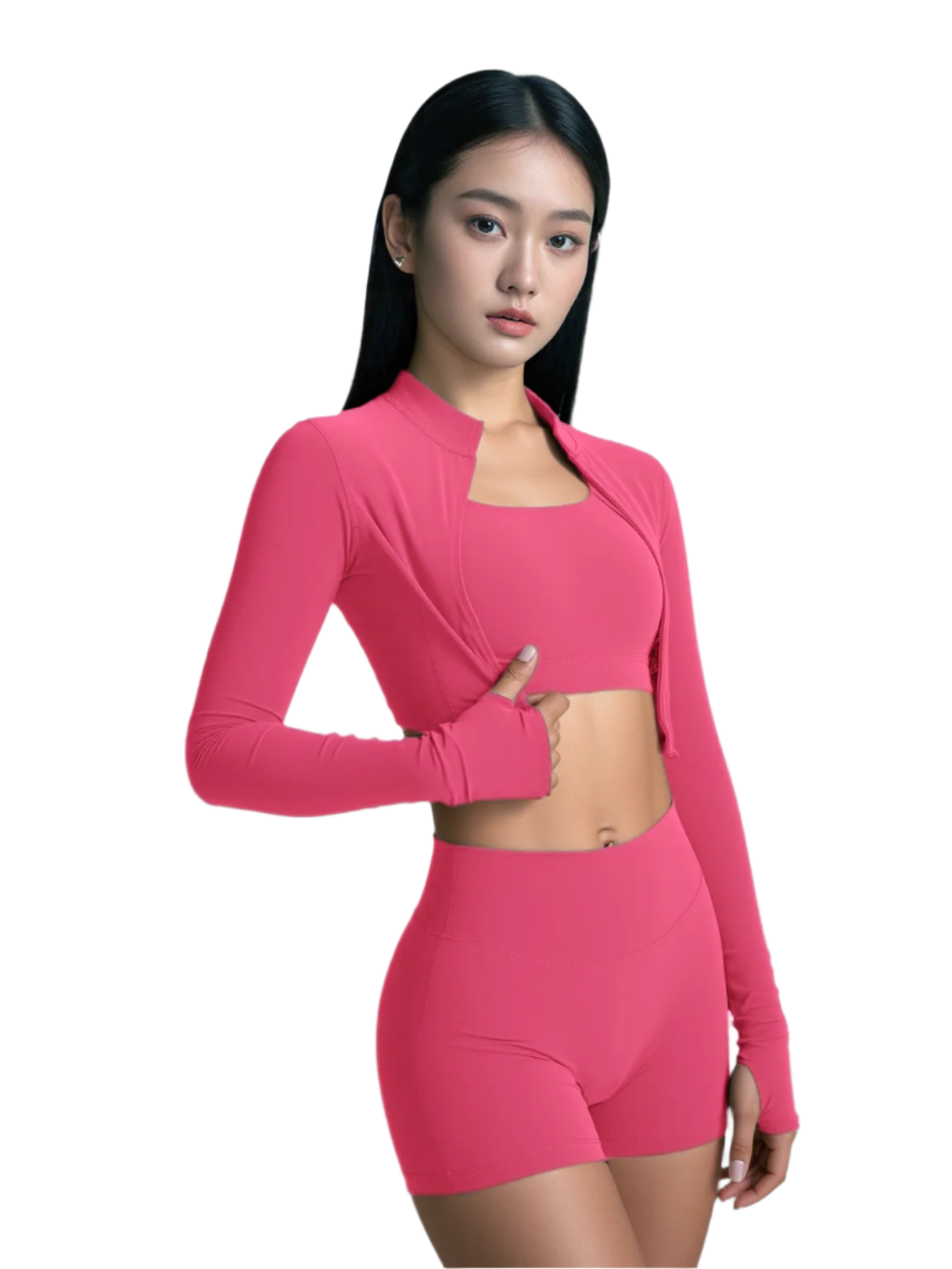 Xooie Fit women's fitness matching set in vibrant pink featuring a cropped jacket and shorts