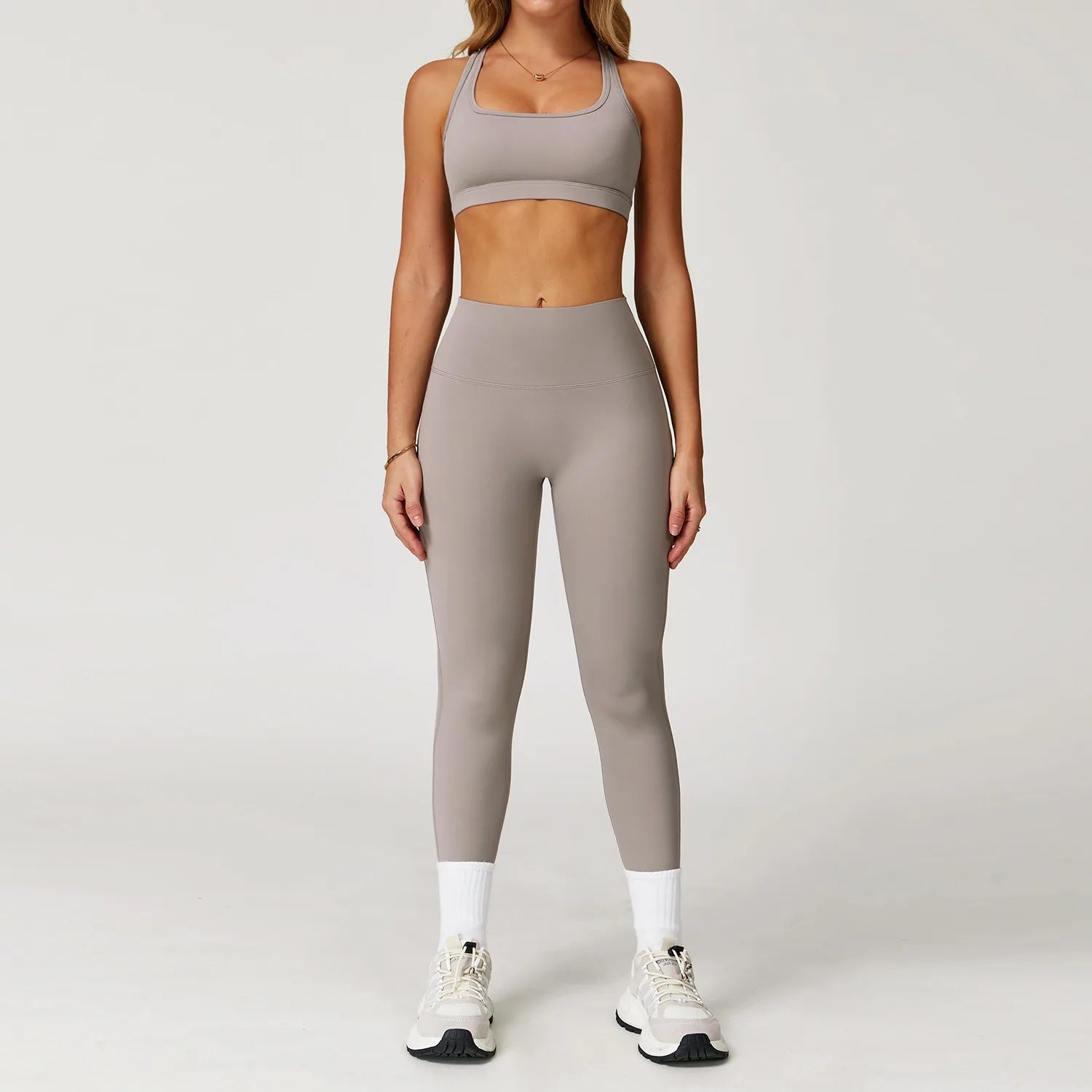 Xooie Fit taupe women's fitness matching set with sports bra and high-waisted leggings