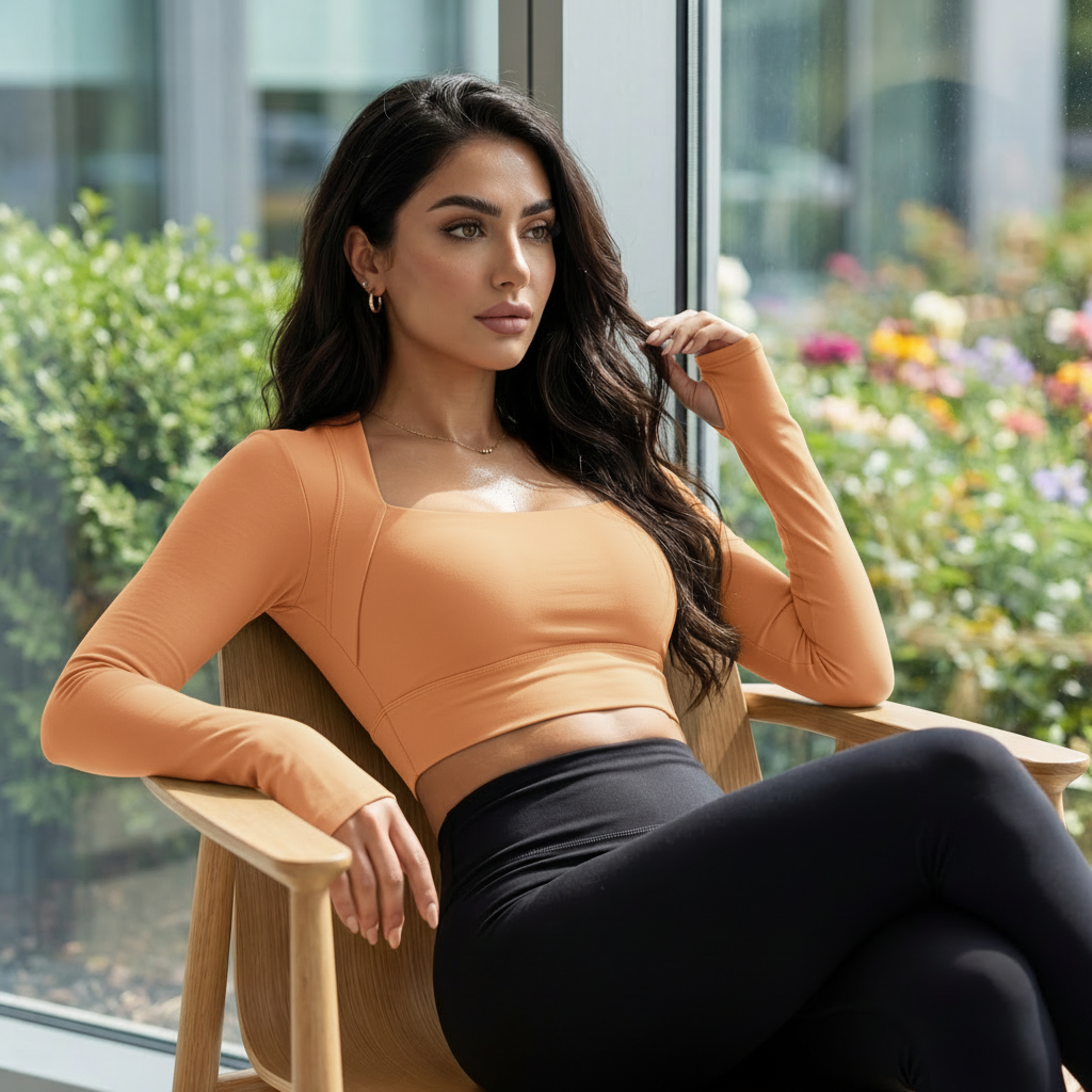 Women's fitted activewear top in coral with long sleeves for comfortable workouts