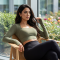 Olive fitted long-sleeve active top with thumbholes, square neckline