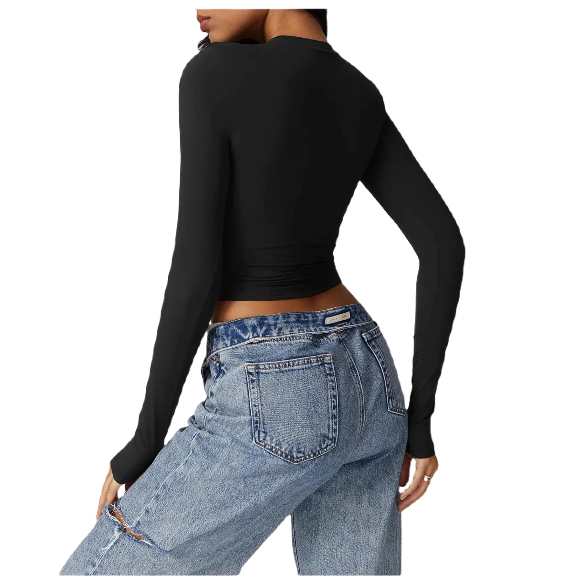 Xooie Fit women's fitted long-sleeve shirt in black, styled with high-waisted jeans