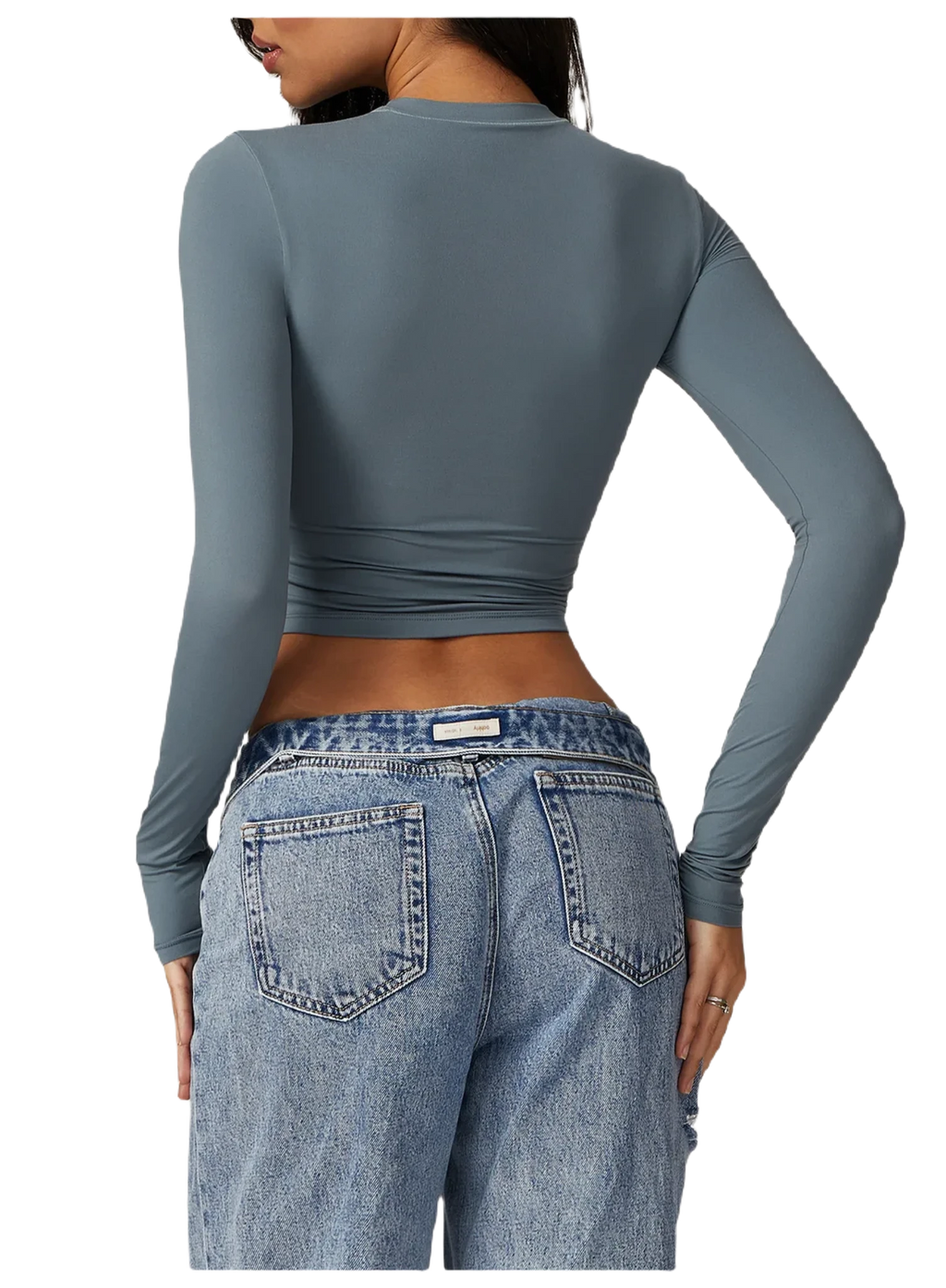 Back view of Xooie Fit women's fitted long-sleeve shirt in gray paired with high-waisted jeans