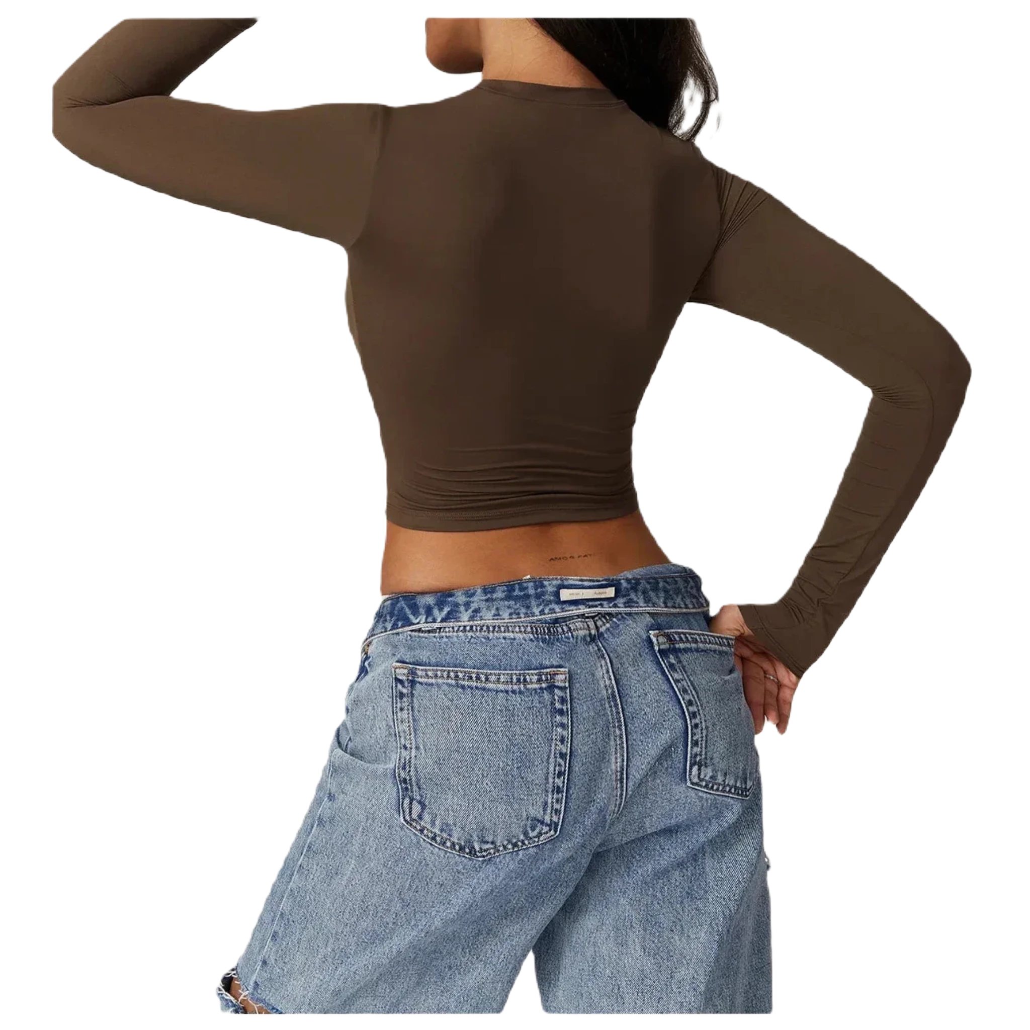 Xooie Fit women's fitted long-sleeve shirt in brown, perfect for casual wear with high-waisted shorts.