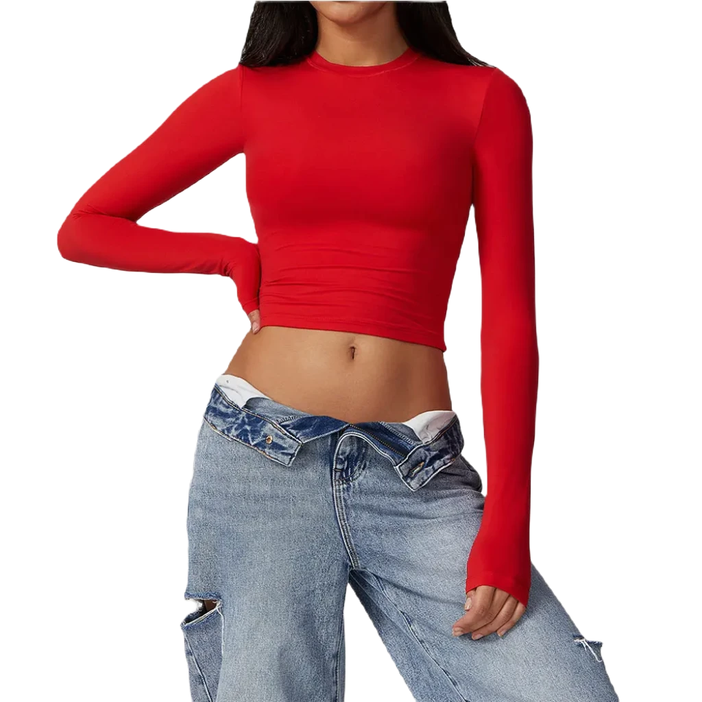 Xooie Fit women's fitted long-sleeve shirt in red, perfect for casual or sporty outfits