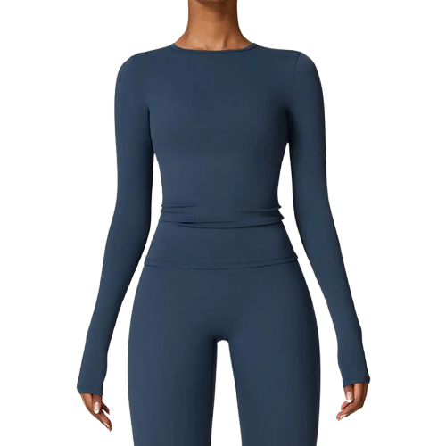 Xooie Fit women's fitted long sleeve tee in deep blue for comfortable layering and active wear
