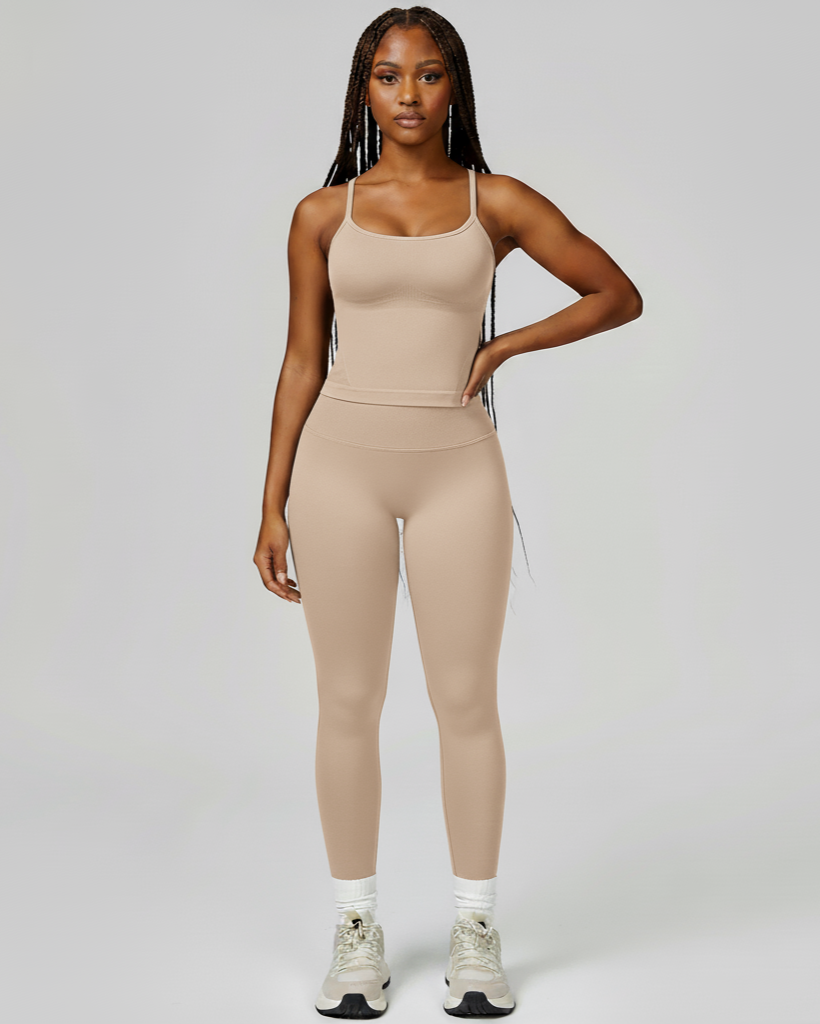 Xooie Fit women's fitted tank top and leggings set in neutral tone for activewear and exercise