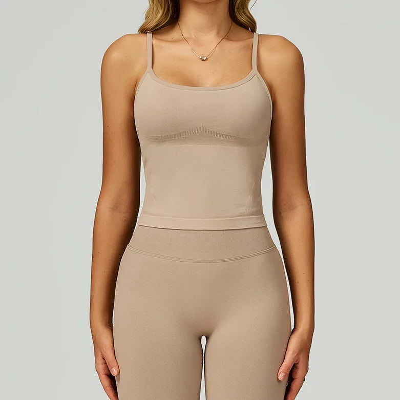 Xooie Fit women's fitted tank top and leggings set in neutral color for comfortable workouts