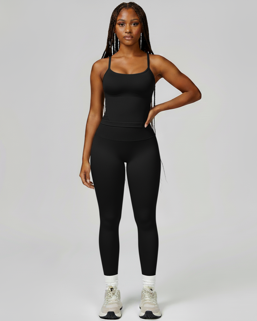 Xooie Fit women's fitted tank top and leggings set in black for comfortable workouts