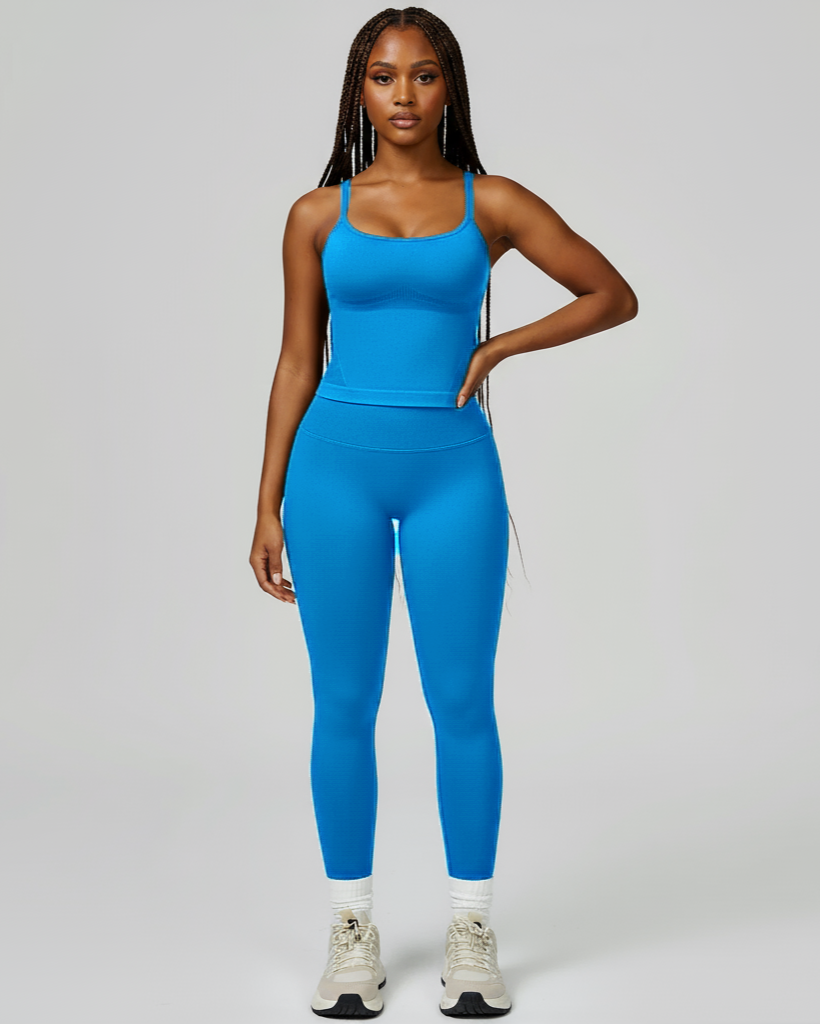 Xooie Fit women's fitted tank top and leggings set in blue, perfect for workouts and casual wear