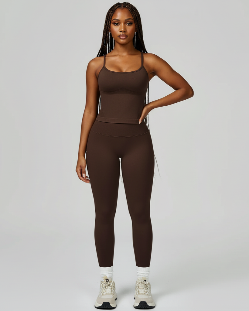 Xooie Fit women's fitted tank top and leggings set in brown for a sleek, stylish workout look