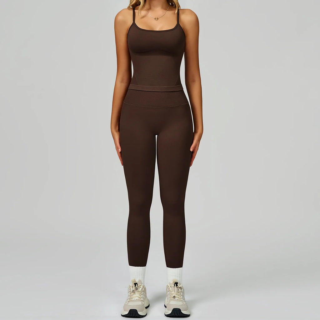 Xooie Fit women's fitted tank top and leggings set in brown, perfect for workouts and casual wear.
