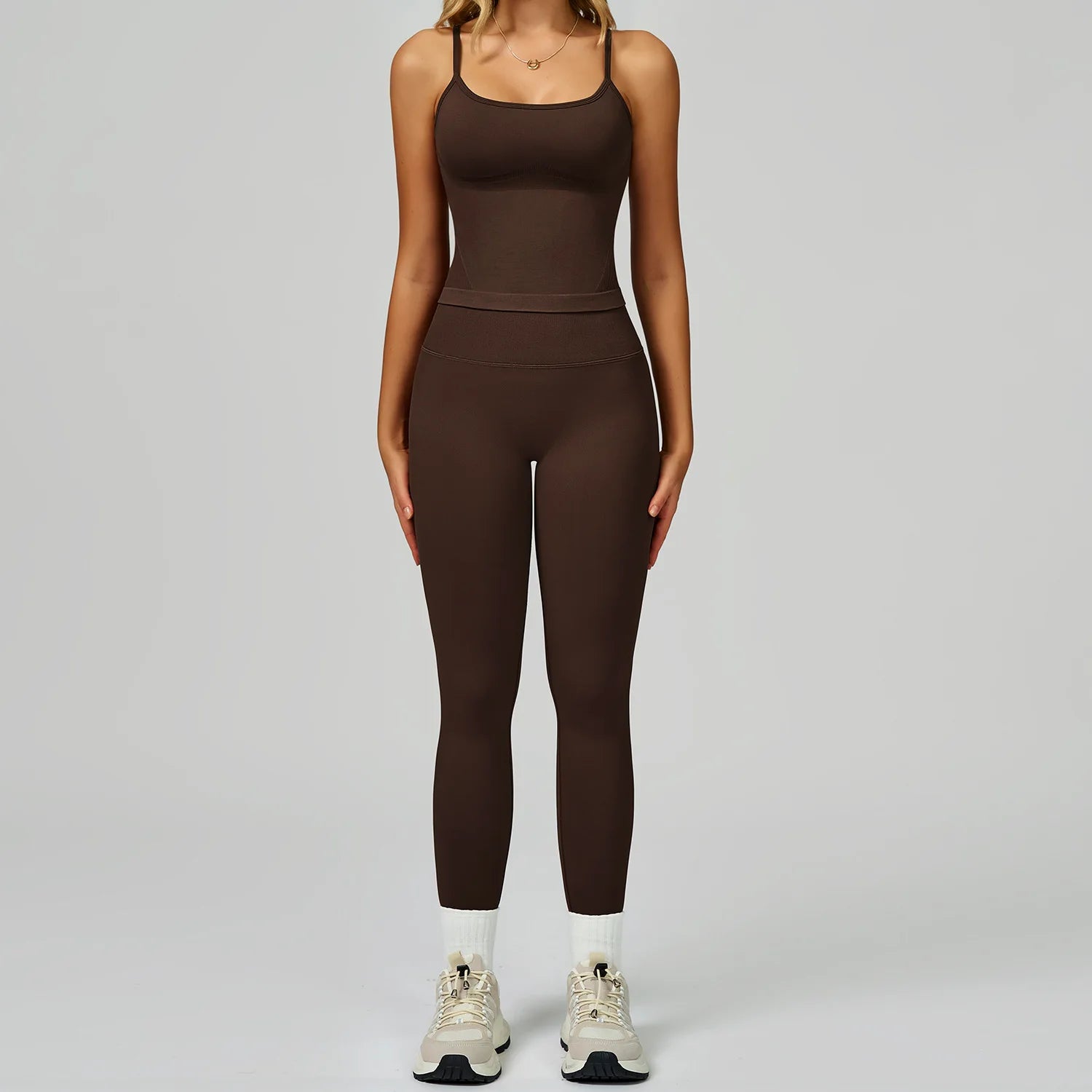 Xooie Fit women's fitted tank top and leggings set in brown, perfect for workouts and casual wear.