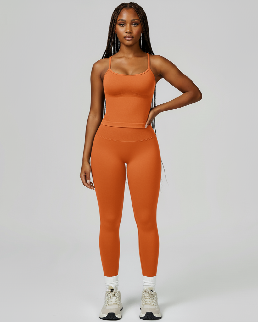 Xooie Fit women's fitted tank top and leggings set in orange, perfect for workouts and casual wear