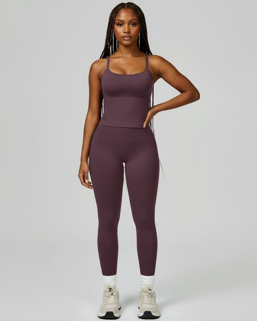 Xooie Fit women's fitted tank top and leggings set in plum with comfortable and stylish design