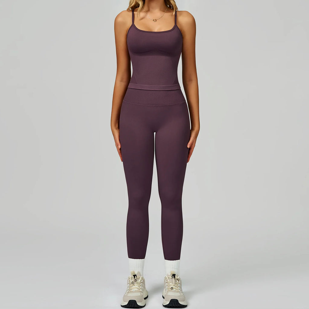 Xooie Fit women's fitted tank top and leggings set in purple for comfortable workouts