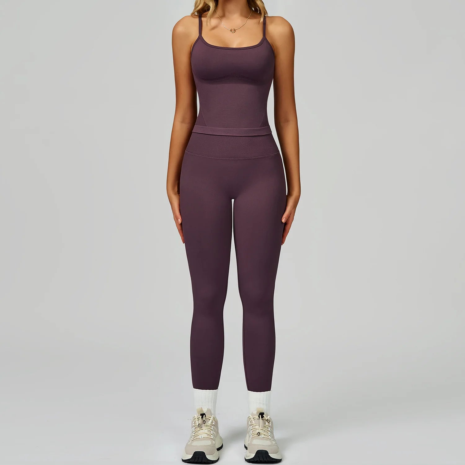 Xooie Fit women's fitted tank top and leggings set in purple for comfortable workouts