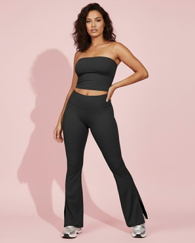 Xooie Fit women's flared fitness set in black with a sleek crop top and flared pants