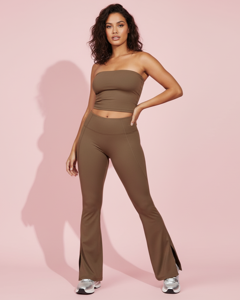 Xooie Fit women's flared fitness set in brown with a cropped top and split-leg pants