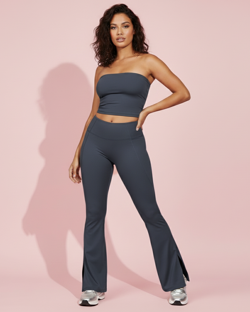 Xooie Fit women's flared fitness set in gray with a strapless top and flared leggings