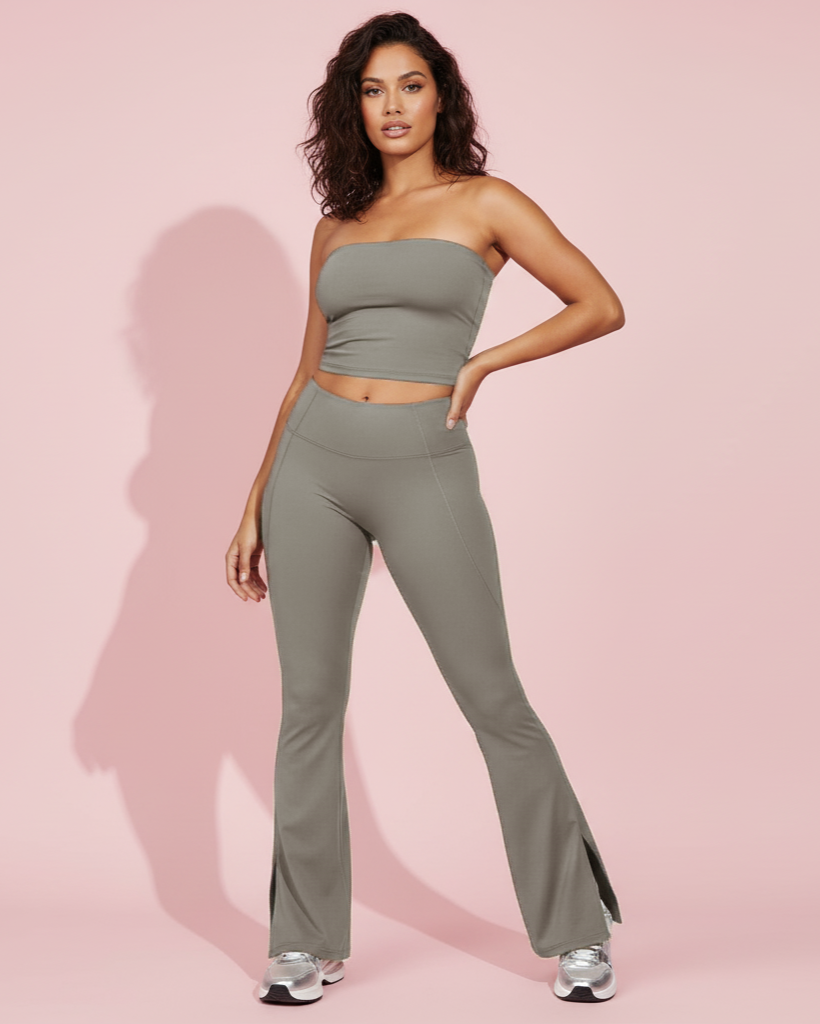 Xooie Fit women's flared fitness set in olive green with stylish cutout detailing on pants