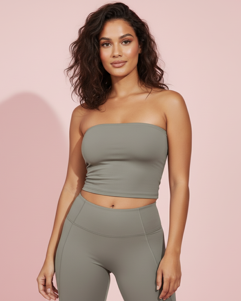 Xooie Fit women's flared fitness set in olive green featuring a strapless crop top and matching flared leggings