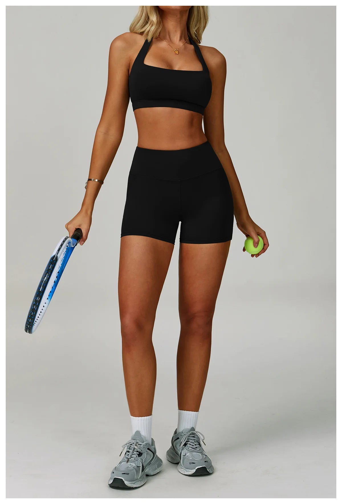 Black sports bra and active shorts set with high-rise waistband