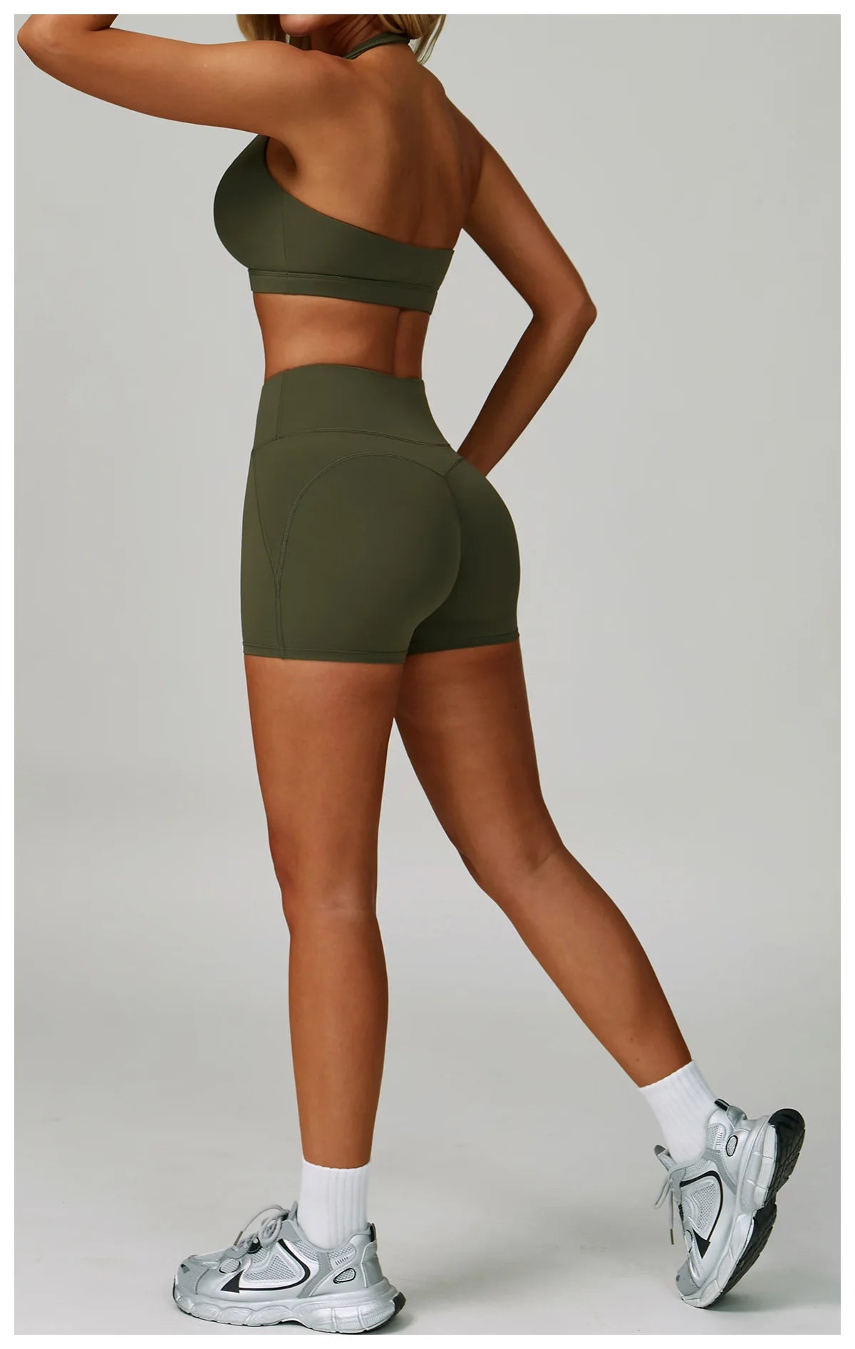 Olive sports bra and biker shorts set, high-rise waist and scoop neckline