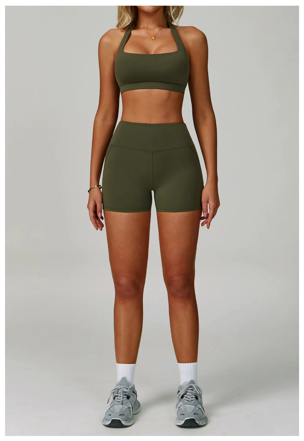 Olive halter sports bra with matching high-waist active shorts set