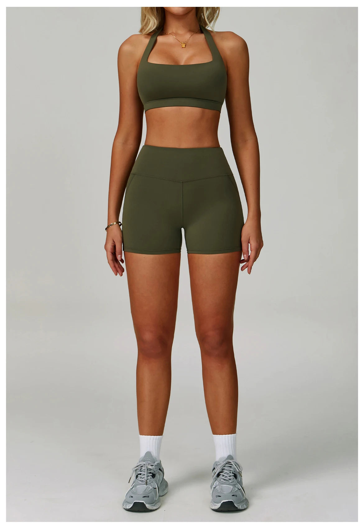 Olive halter sports bra with matching high-waist active shorts set