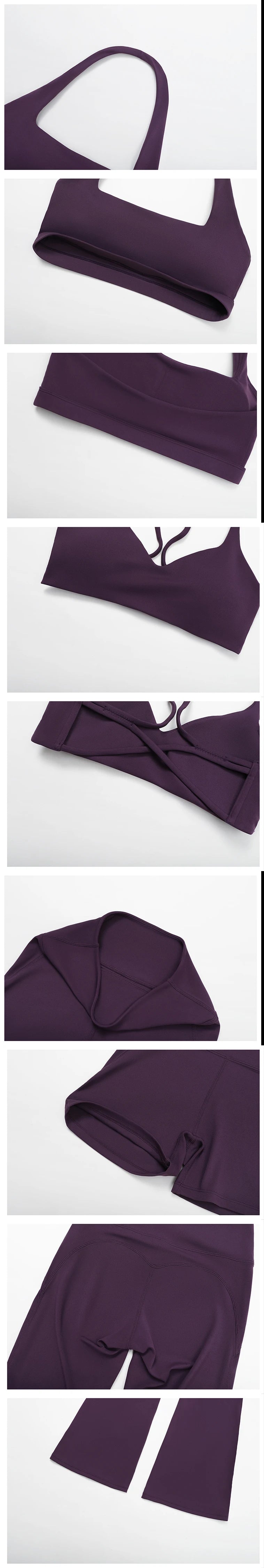 Plum purple matching sports bra and shorts set, fabric panels close-up