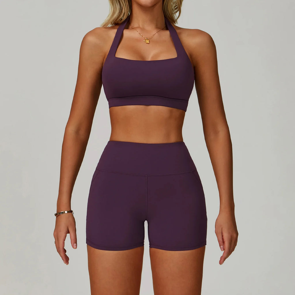 Plum purple halter sports bra and matching active shorts set