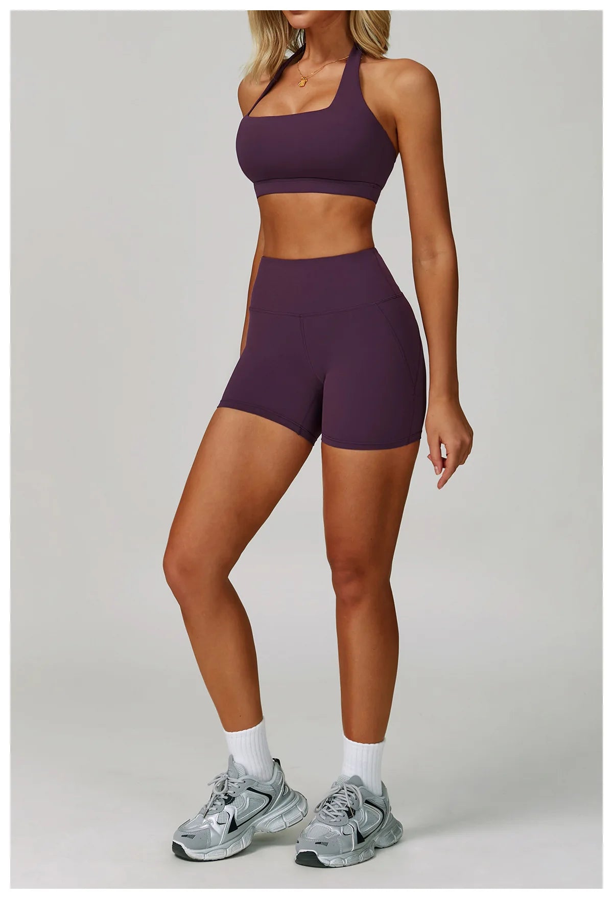 Plum purple halter sports bra and active shorts set, full look