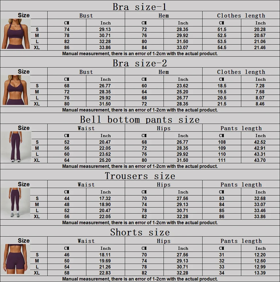 Size chart for bra and shorts: bust, hem, waist, hips, and lengths