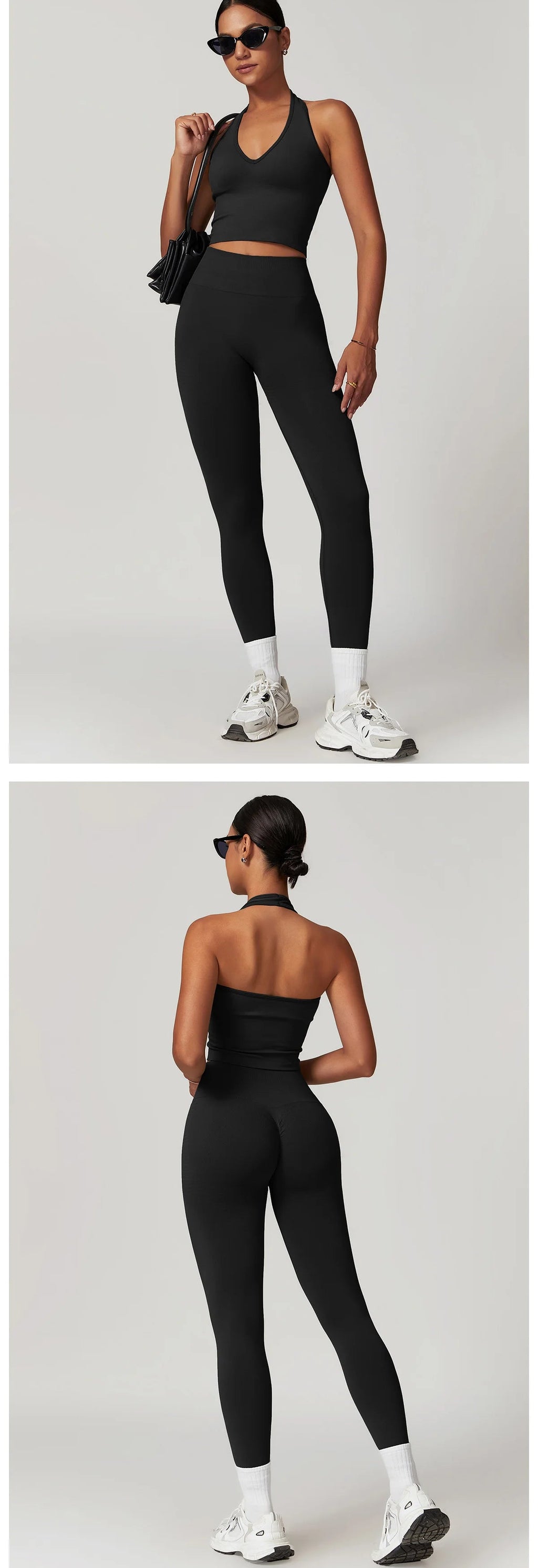 Black halter crop tank and high-waist active leggings set, front and back