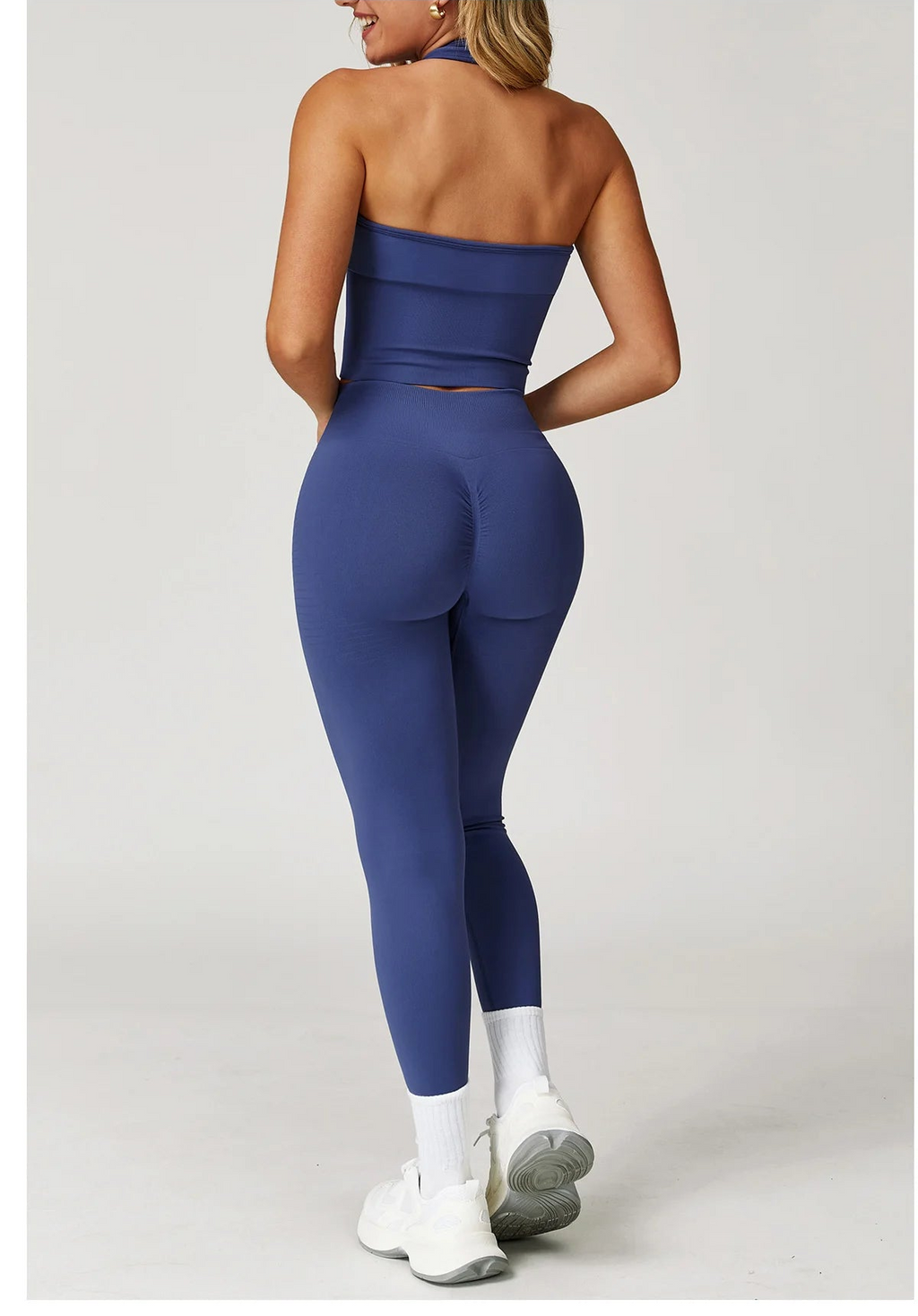 Mead blue halter crop tank and high-waist active leggings set, back view
