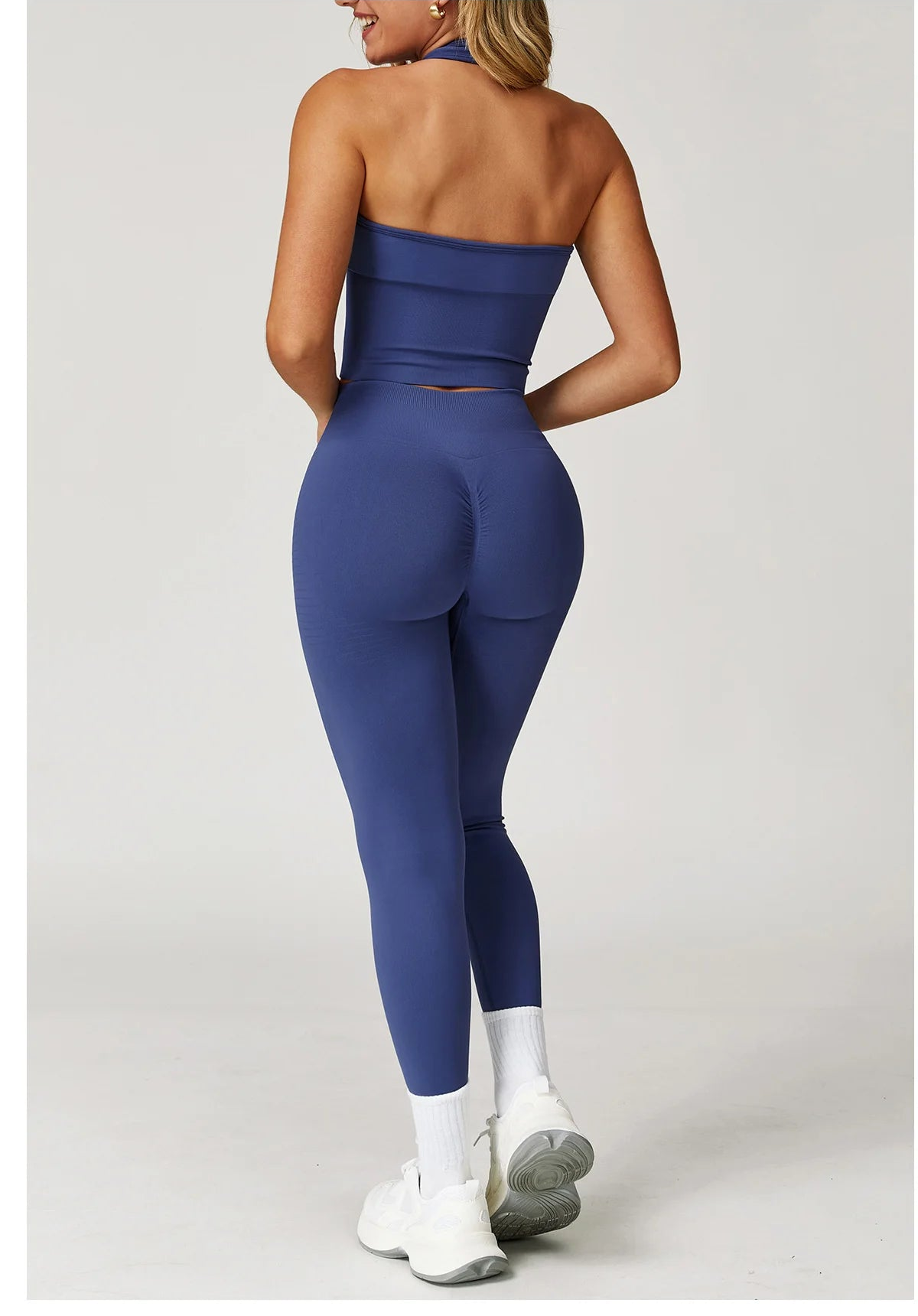 Mead blue halter crop tank and high-waist active leggings set, back view