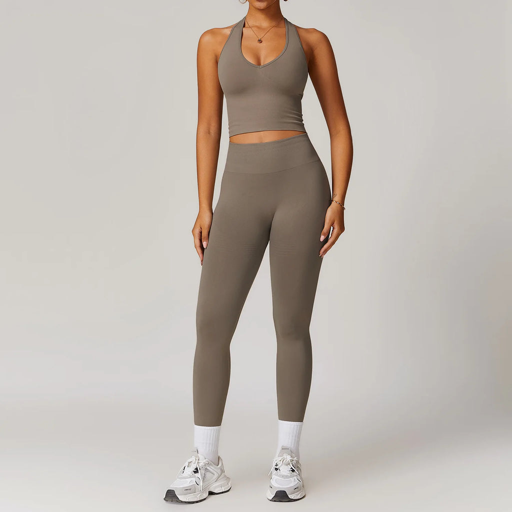 Taupe halter crop tank and high-waist active leggings set, front view