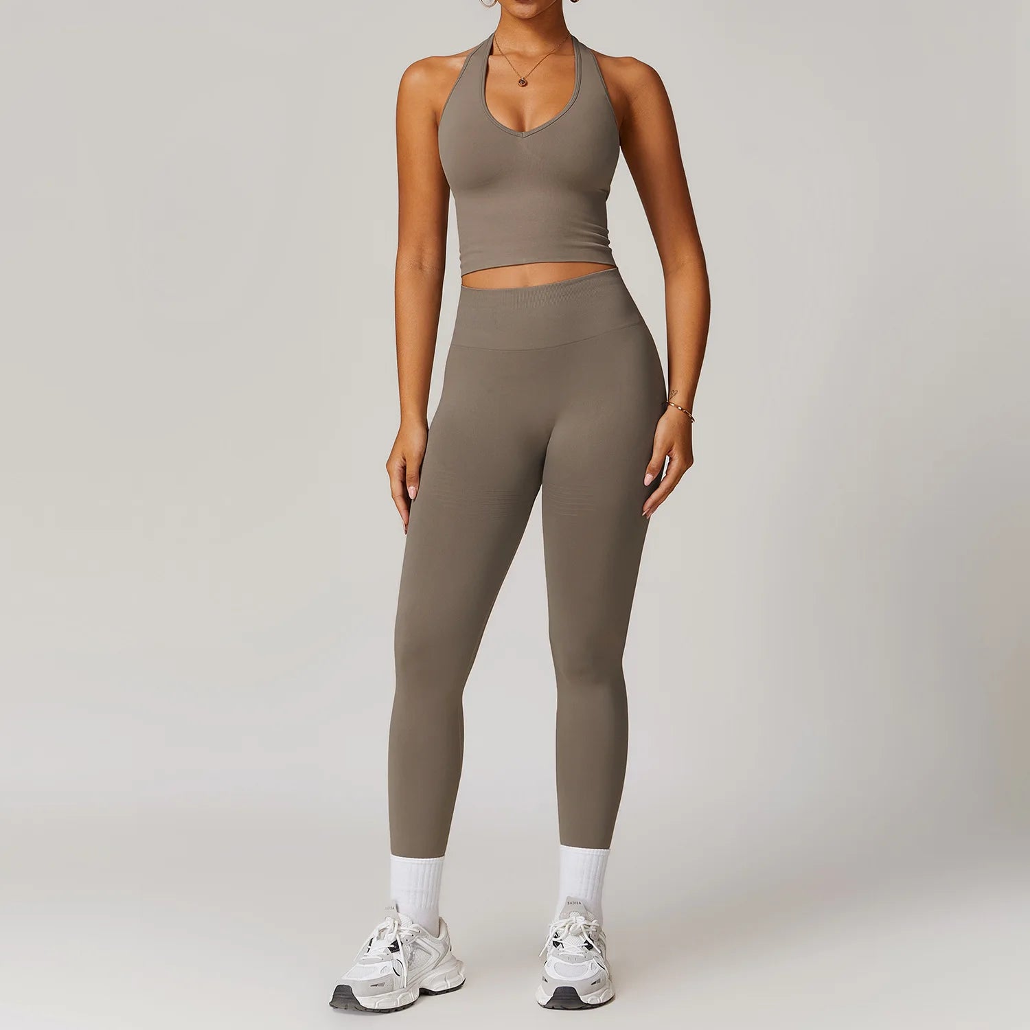 Taupe halter crop tank and high-waist active leggings set, front view