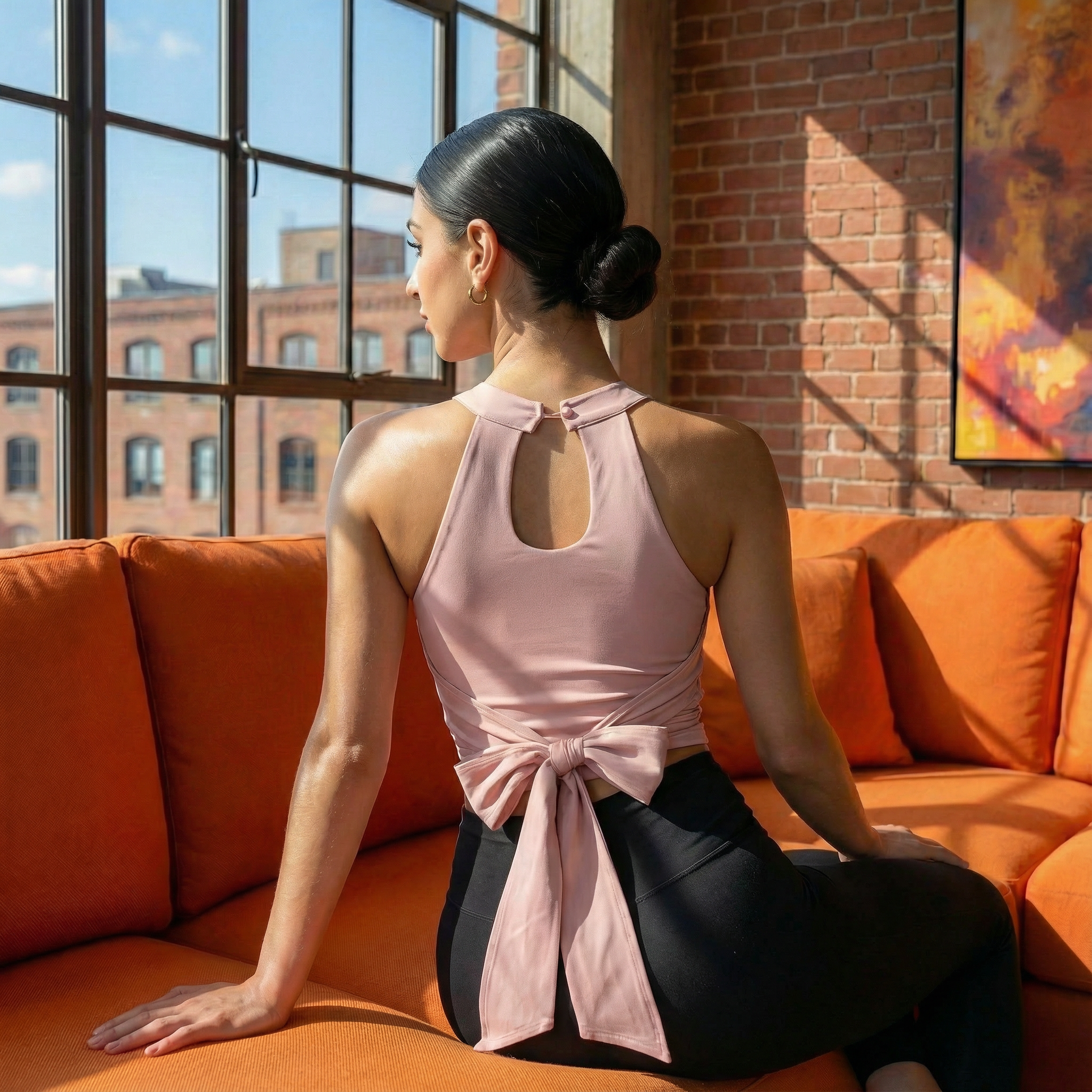Pink active tank vest back with keyhole cutout and long tie at waist