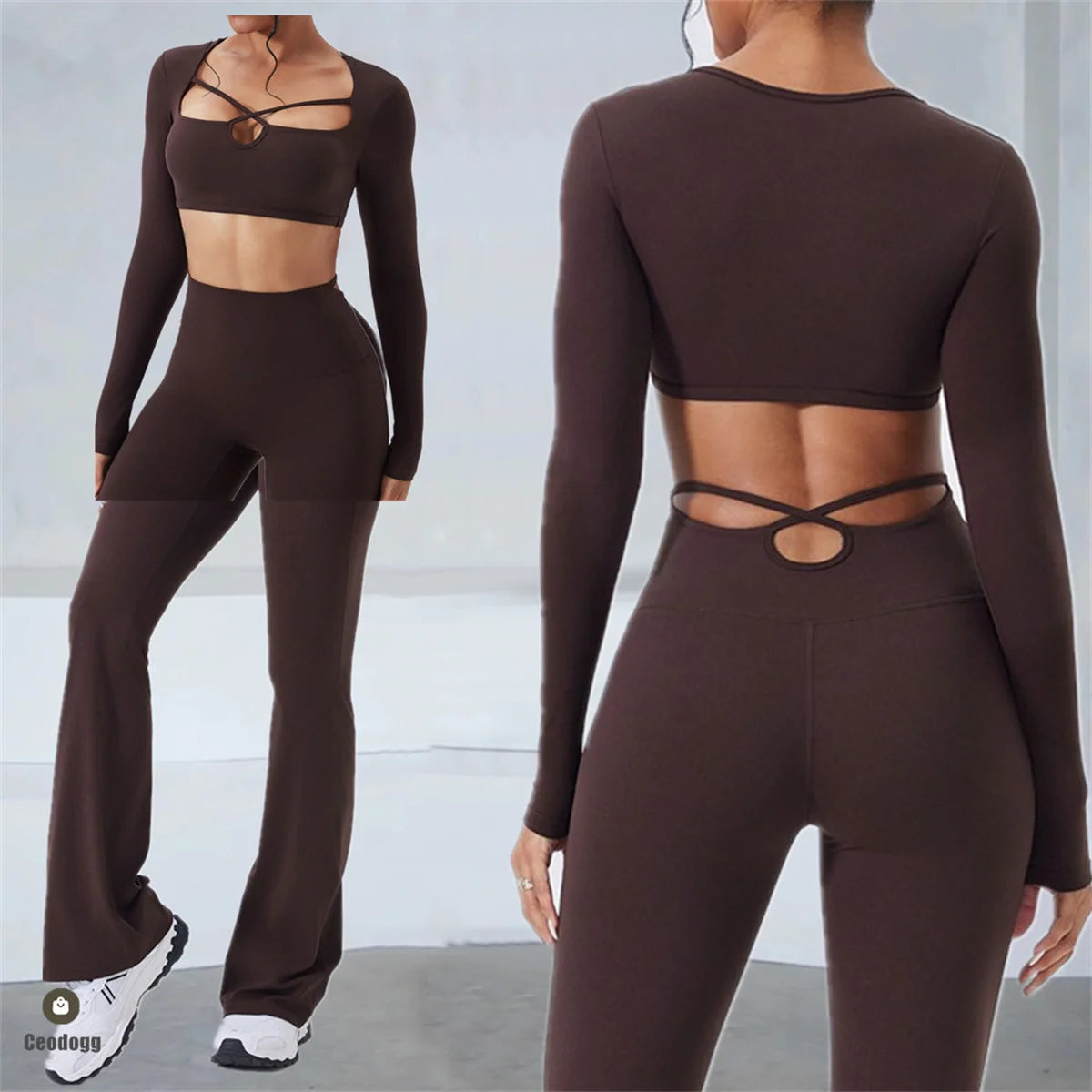Xooie Fit women’s long sleeve crop top and flared pants in brown with stylish cut-out back design