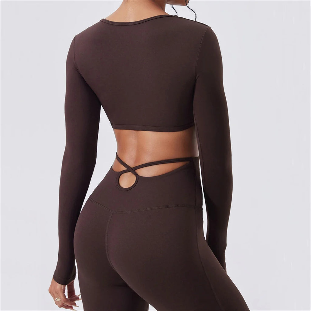 Hourglass Harmony Set back view in Hauncha Brown: long sleeve crop top with strap cutout, leggings